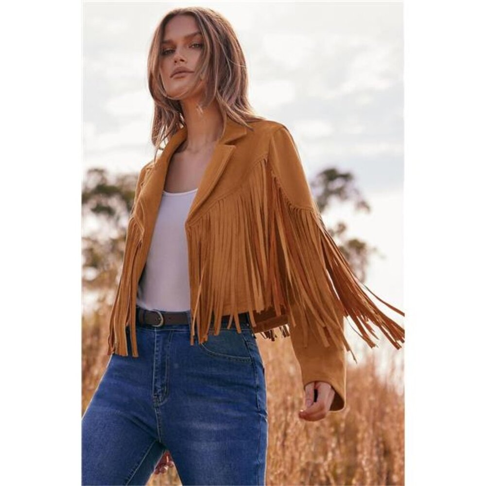Women's Fringe Faux Suede Leather Jacket Tassel Cropped Coat - Picture 3 of 7